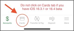 Screenshot of iPhone app pointing to the "Cards" tab.